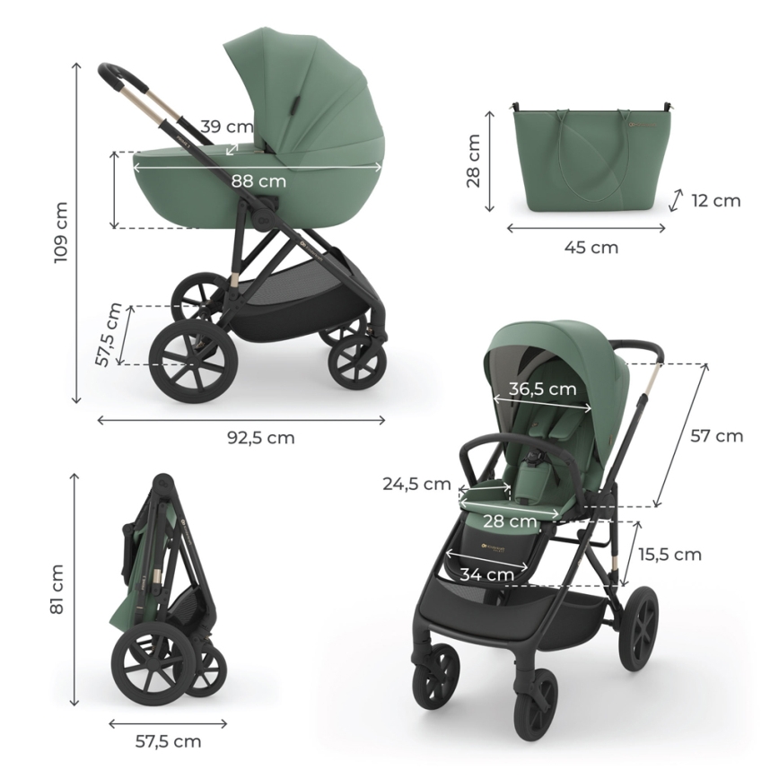 KINDERKRAFT - Gecombineerde 3-in-1 kinderwagen PRIME 3 Donkergroen