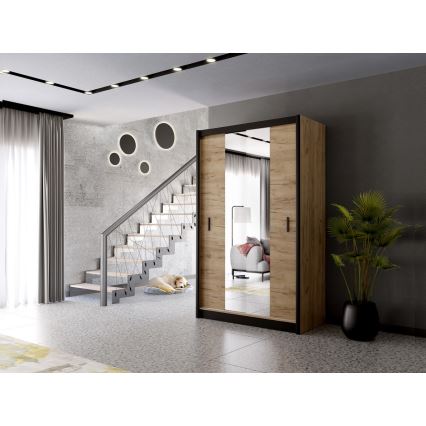 Kledingkast met spiegel MIRO 150x215 cm eiken craft/zwart