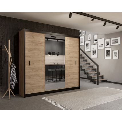 Kledingkast met spiegel MIRO 250x215 cm eiken craft/zwart