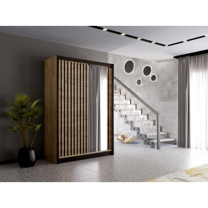 Kledingkast met spiegel SANTINO 150x215 cm eiken craft/zwart