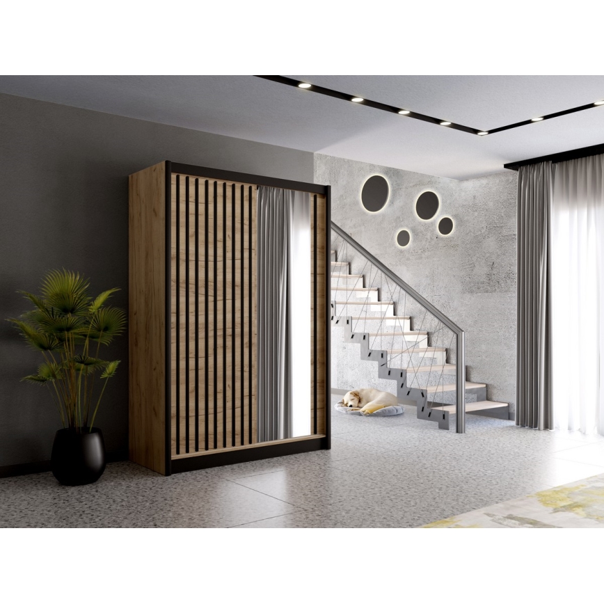 Kledingkast met spiegel SANTINO 150x215 cm eiken craft/zwart