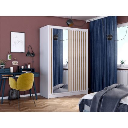 Kledingkast met spiegel SANTINO 150x215 cm wit/eiken craft