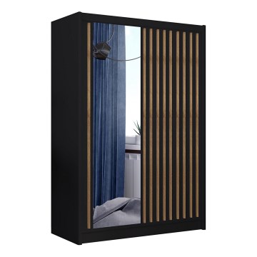 Kledingkast met spiegel SANTINO 150x215 cm zwart/eiken craft