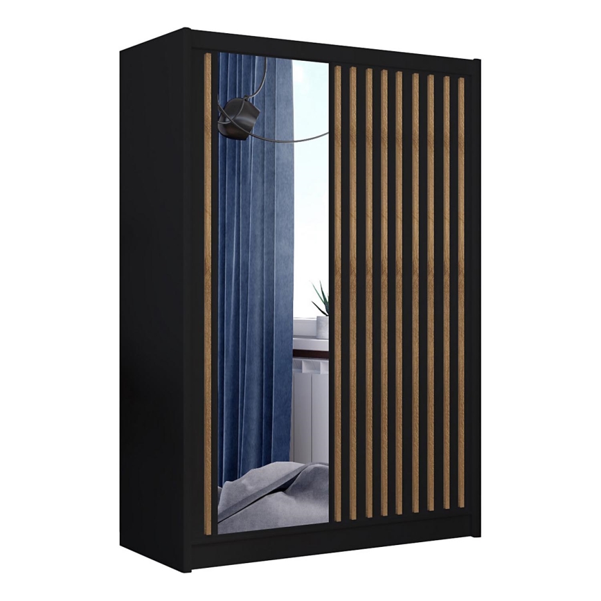 Kledingkast met spiegel SANTINO 150x215 cm zwart/eiken craft