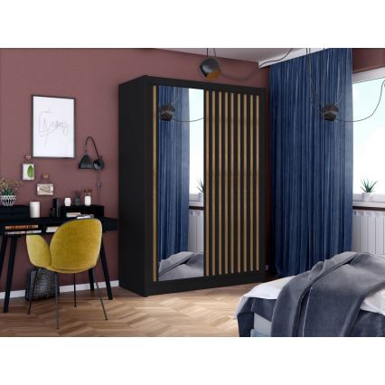 Kledingkast met spiegel SANTINO 150x215 cm zwart/eiken craft