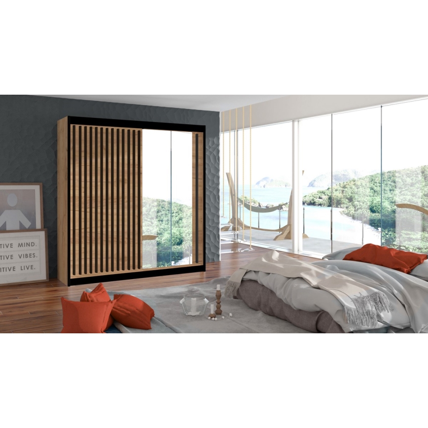 Kledingkast met spiegel SANTINO 203x215 cm craft eiken/zwart