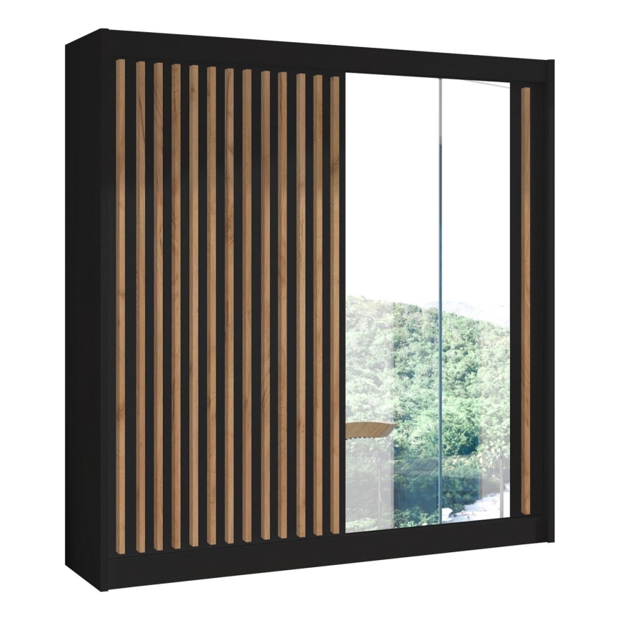 Kledingkast met spiegel SANTINO 203x215 cm zwart/eiken craft