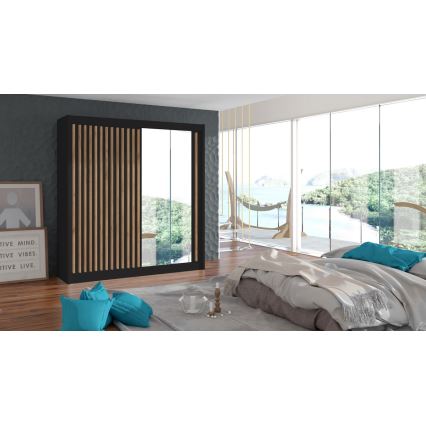 Kledingkast met spiegel SANTINO 203x215 cm zwart/eiken craft
