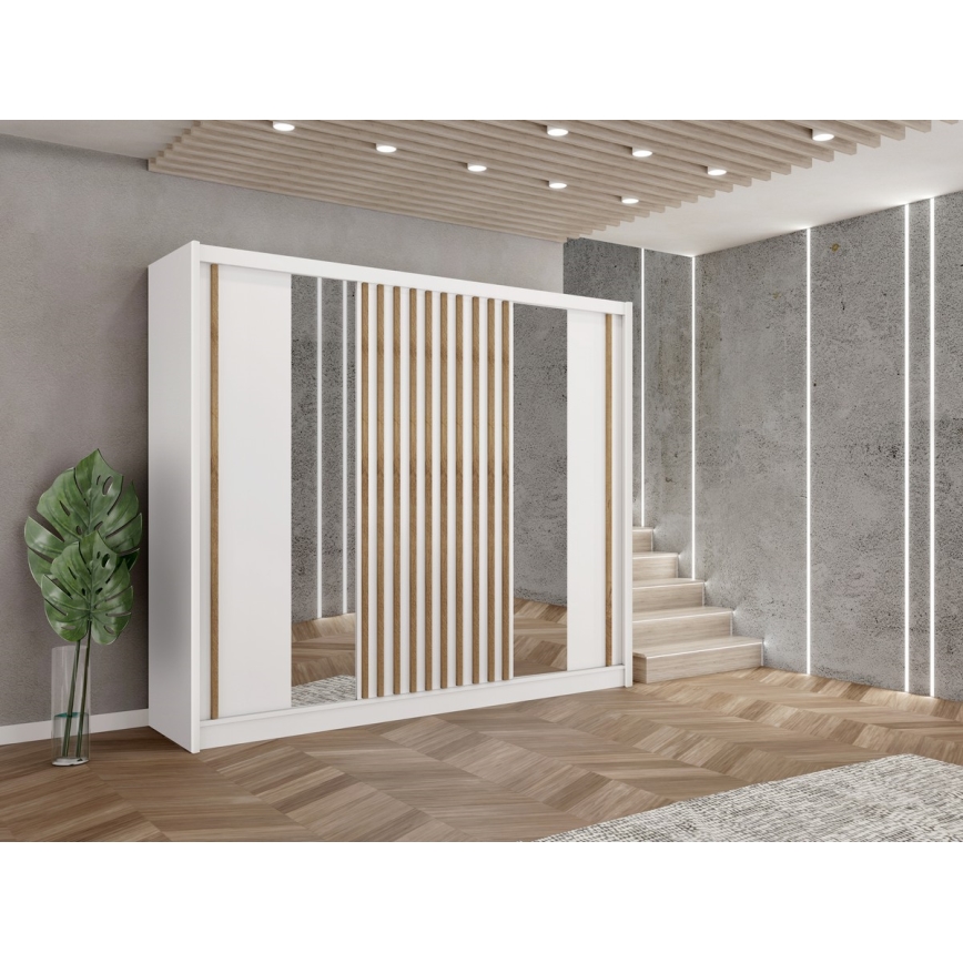 Kledingkast met spiegel SANTINO 250x215 cm wit/eiken craft