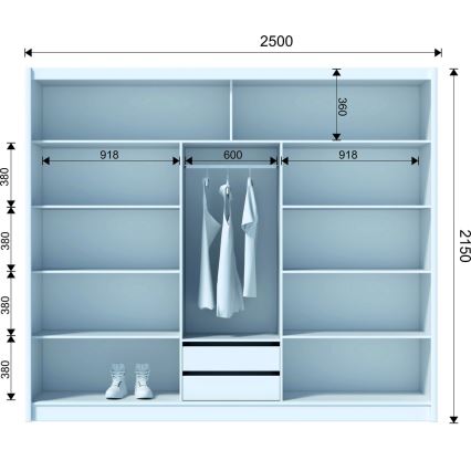 Kledingkast met spiegel SANTINO 250x215 cm wit/eiken craft