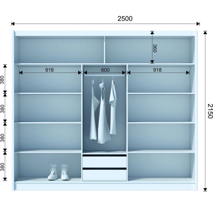 Kledingkast met spiegel SANTINO 250x215 cm wit/eiken craft