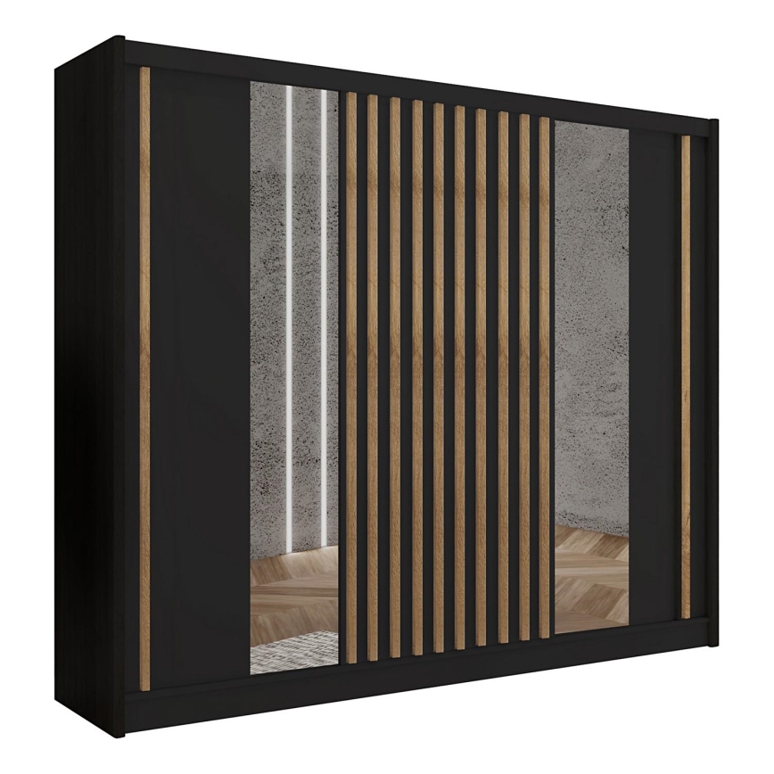 Kledingkast met spiegel SANTINO 250x215 cm zwart/eiken craft