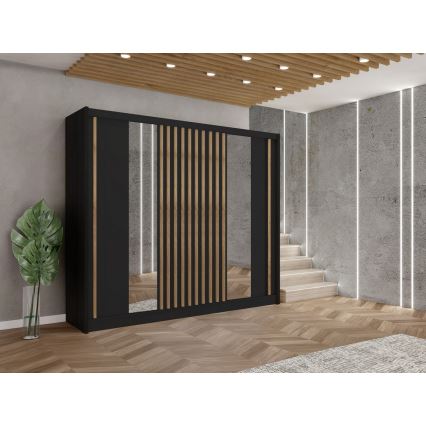 Kledingkast met spiegel SANTINO 250x215 cm zwart/eiken craft