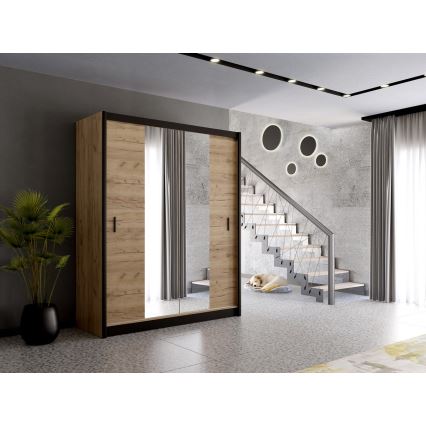 Kledingkast met spiegel MIRO 203x215 cm craft eik/zwart