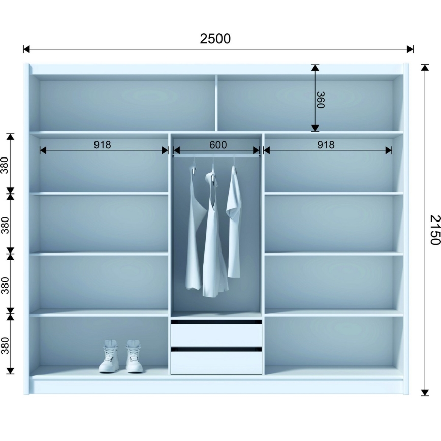 Kledingkast met spiegel SABRINA 250x215 cm wit