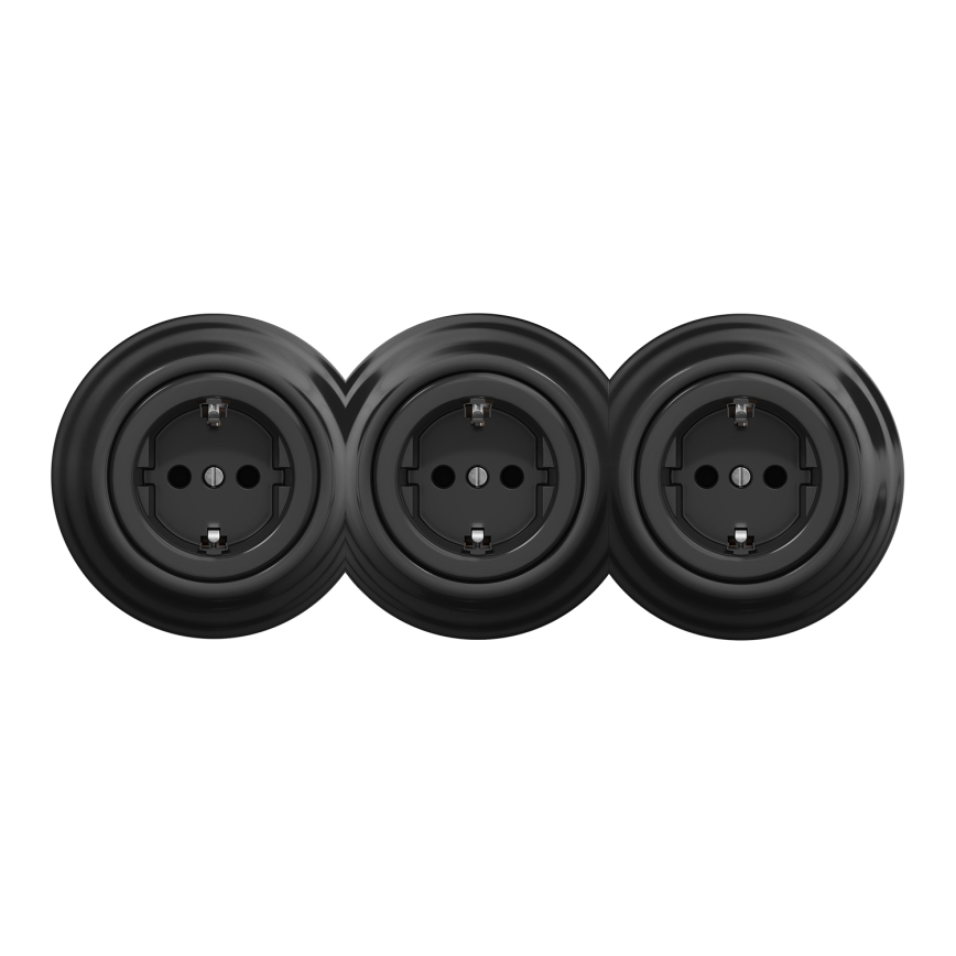 Kliklap - 3-voudige retro wandcontactdoos voor huishoudelijk gebruik met SCHUKO-afdekraam, 230 V, zwart