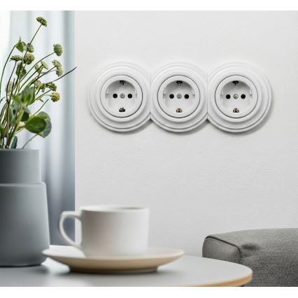 Kliklap - Driedubbele retro-wandcontactdoos met SCHUKO-afdekraam, 230 V, sneeuwwit