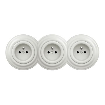 Kliklap - Drievoudig retro wandcontactdoos met afdekraam, 230V, keramisch, wit