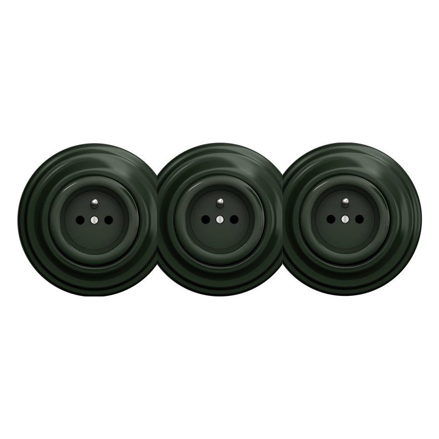 Kliklap - Drievoudige retro wandcontactdoos met afdekraam 230V groen