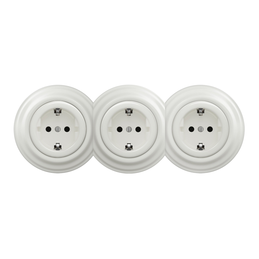 Kliklap - Drievoudige retro wandcontactdoos met SCHUKO-afdekraam, 230V, wit