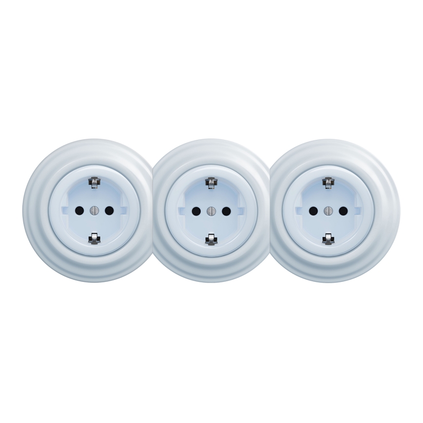 Kliklap - Drievoudige retro-wandcontactdoos voor huishoudelijk gebruik met afdekraam SCHUKO 230V blauw