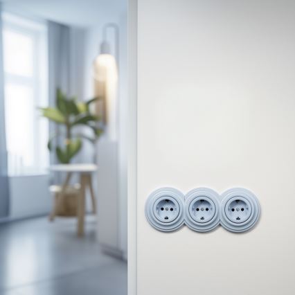 Kliklap - Drievoudige retro-wandcontactdoos voor huishoudelijk gebruik met afdekraam SCHUKO 230V blauw