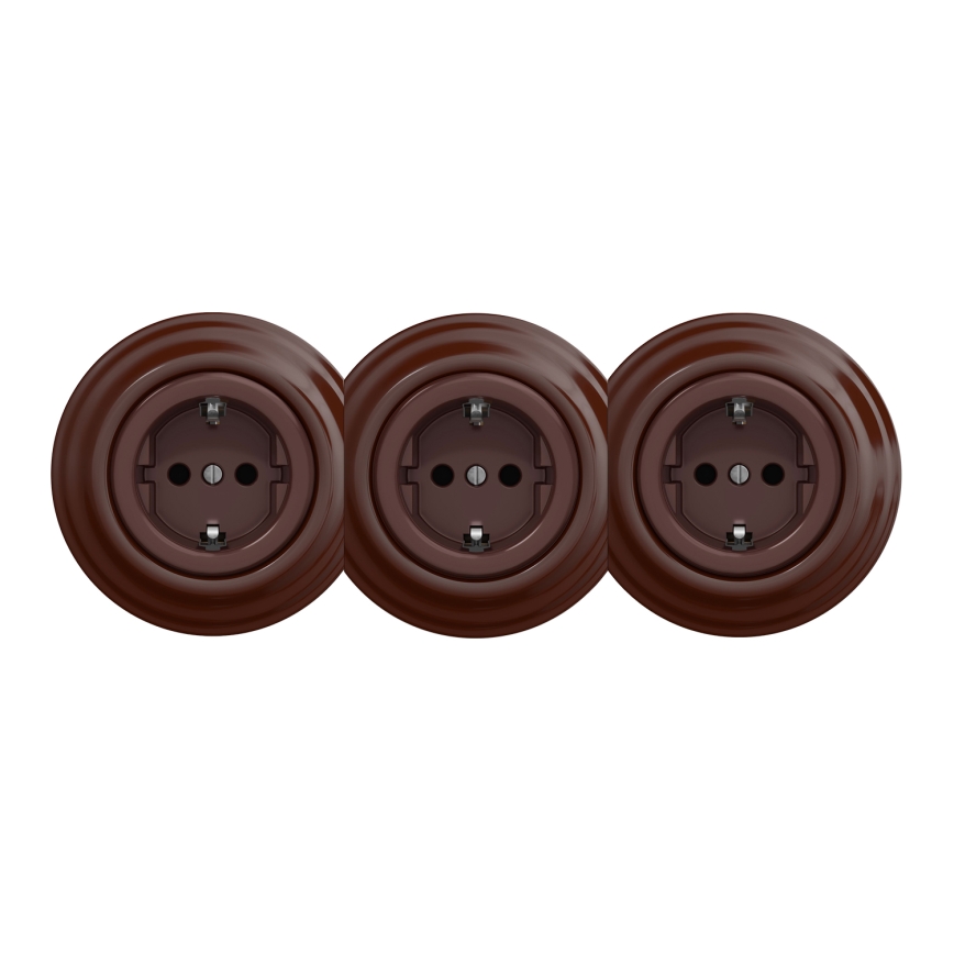 Kliklap - Drievoudige retro wandcontactdoos voor thuis met SCHUKO-afdekraam 230V bruin
