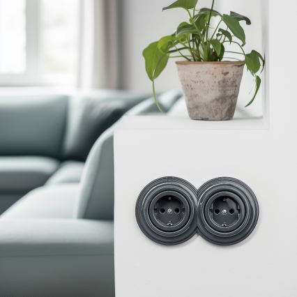 Kliklap - Dubbel retro stopcontact met frame, SCHUKO 230V, antraciet