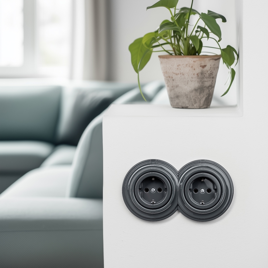 Kliklap - Dubbel retro stopcontact met frame, SCHUKO 230V, antraciet