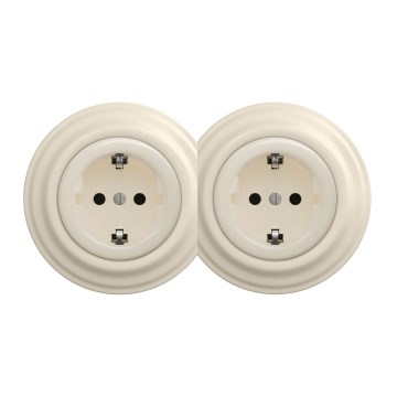 Kliklap - Dubbel retro stopcontact voor huishoudelijk gebruik met afdekplaat SCHUKO 230V/16A, beige