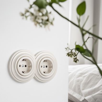 Kliklap - Dubbel retro stopcontact voor huishoudelijk gebruik met afdekplaat SCHUKO 230V/16A, beige