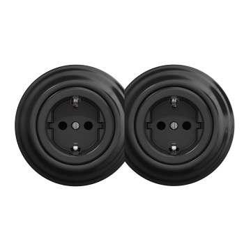 Kliklap - Dubbel retro stopcontact voor thuis met frame, SCHUKO 230V, zwart