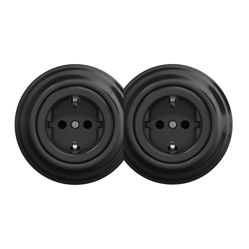 Kliklap - Dubbel retro wandcontactdoos voor huishoudelijk gebruik met frame, SCHUKO, 230 V, zwart