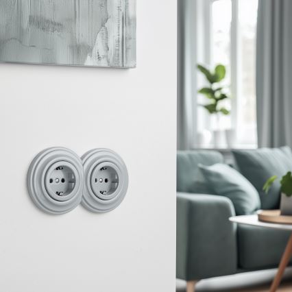Kliklap - Dubbel retro wandstopcontact met SCHUKO-afdekraam 230V grijs