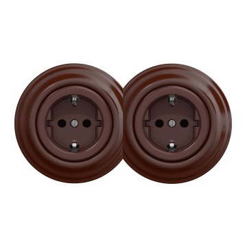 Kliklap - Dubbele retro huishoudelijke wandcontactdoos met SCHUKO-afdekraam 230V, bruin