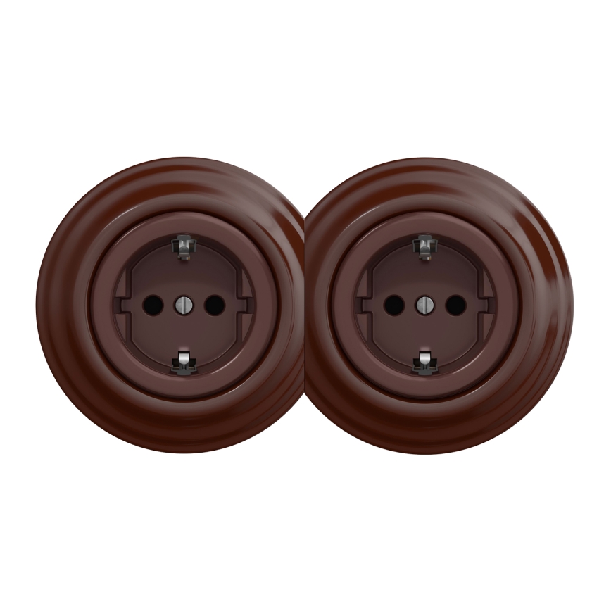 Kliklap - Dubbele retro huishoudelijke wandcontactdoos met SCHUKO-afdekraam 230V, bruin