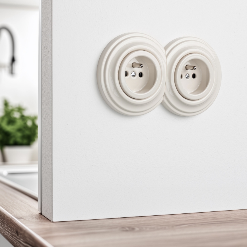 Kliklap - Dubbele retro wandcontactdoos met afdekraam 230V beige