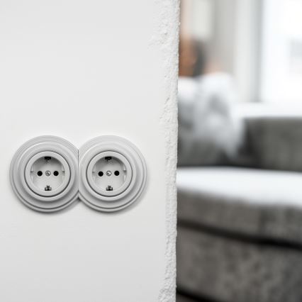 Kliklap - Dubbele retro-wandcontactdoos met afdekraam SCHUKO 230V/16A, wit keramiek