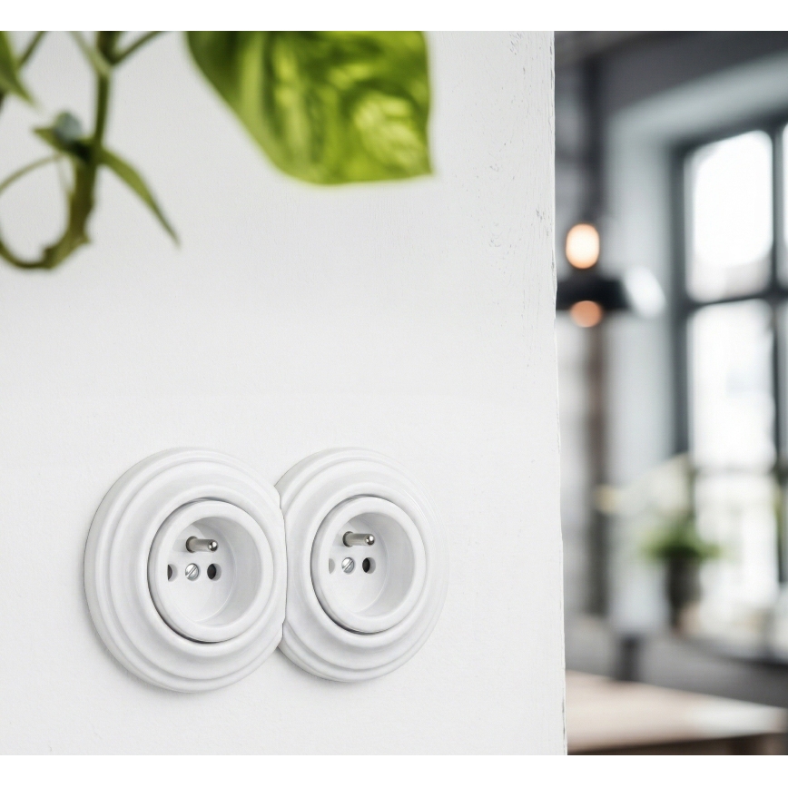 Kliklap - Dubbele retro wandcontactdoos met frame 230V sneeuwwit