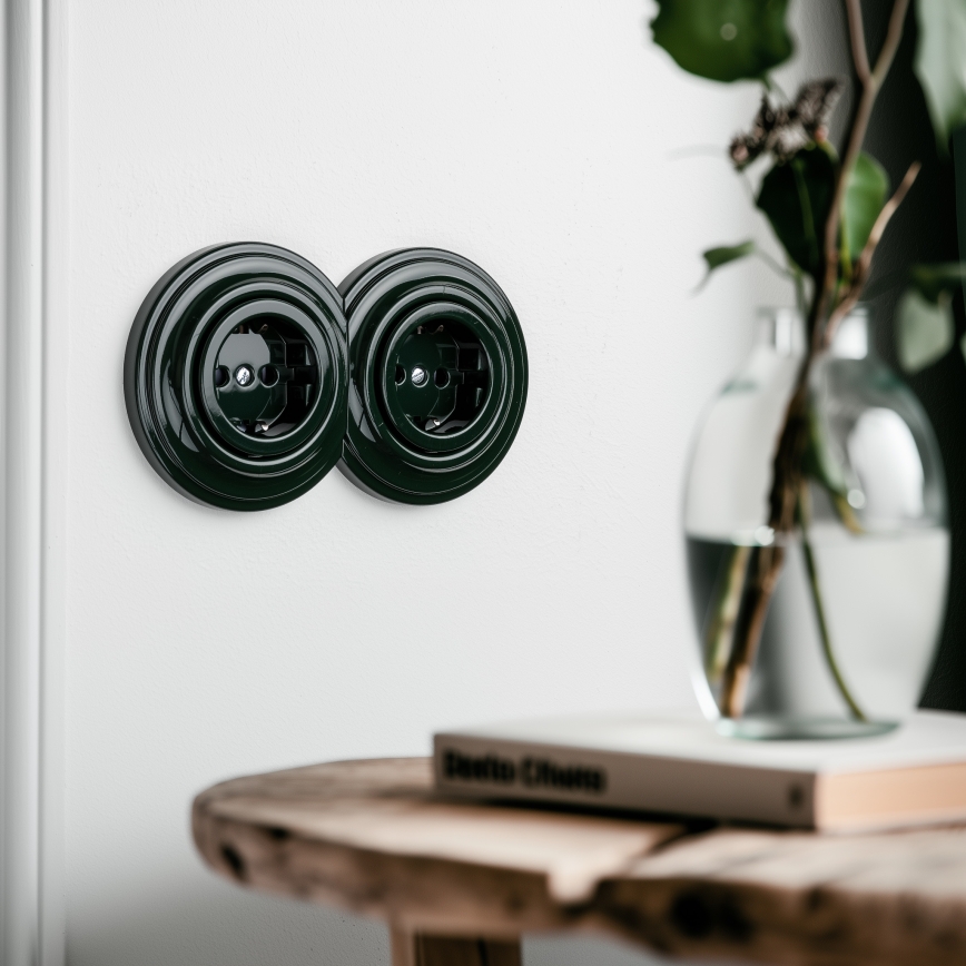 Kliklap - Dubbele retro-wandcontactdoos met frame SCHUKO 230V, groen