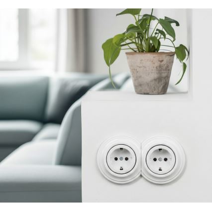 Kliklap - Dubbele retro wandcontactdoos met frame SCHUKO 230V sneeuwwit