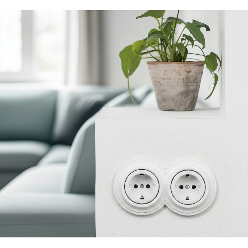 Kliklap - Dubbele retro wandcontactdoos met frame SCHUKO 230V sneeuwwit