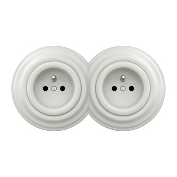 Kliklap - Dubbele retro-wandcontactdoos voor huishoudelijk gebruik met afdekraam, 230V, keramiek, wit