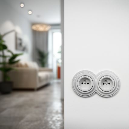 Kliklap - Dubbele retro-wandcontactdoos voor huishoudelijk gebruik met afdekraam, 230V, keramiek, wit