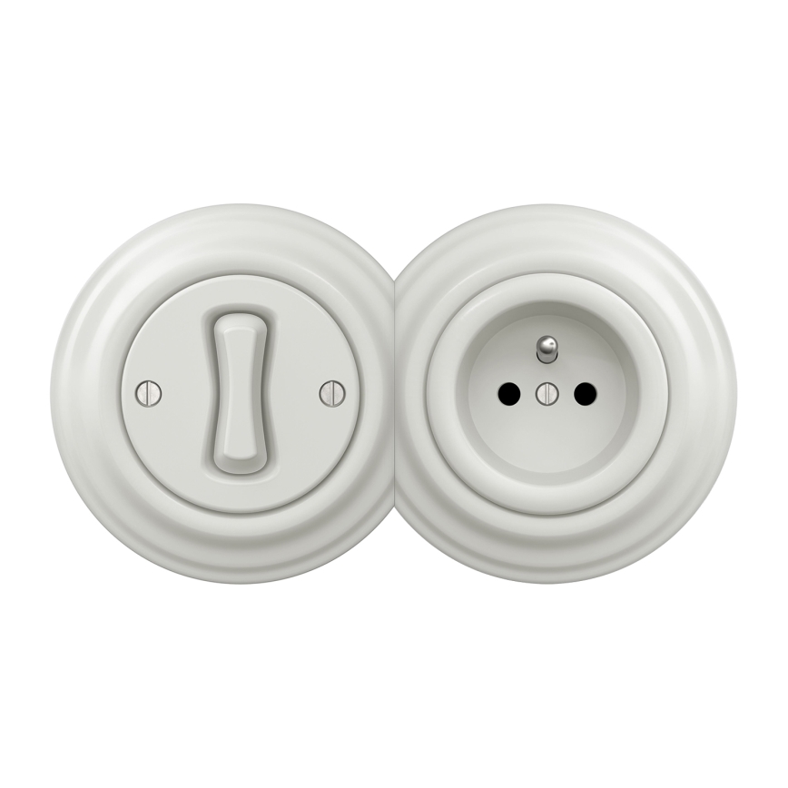 Kliklap - Retro 1-polige schakelaar nr. 1 en 230 V stopcontact met afdekraam, wit