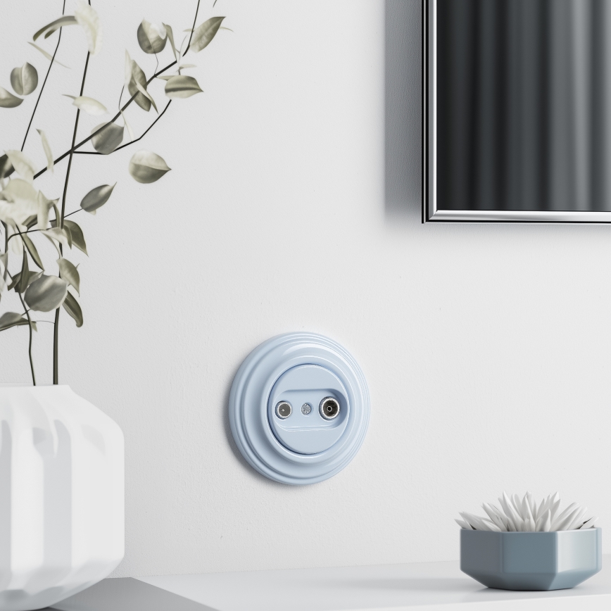 Kliklap - Retro coax-wandcontactdoos TV+FM (doorverbonden) met afdekraam, blauw