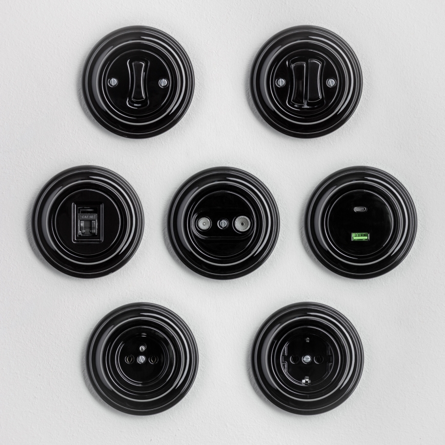 Kliklap - Retro dubbele trappenschakelaar met afdekraam nr. 6+6 zwart