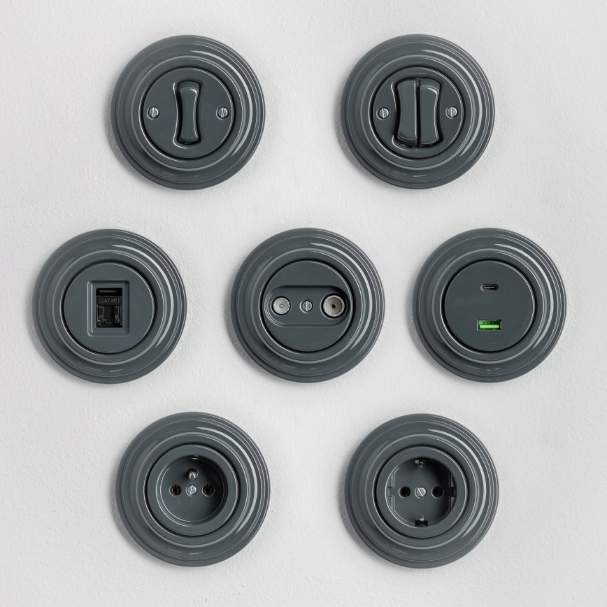 Kliklap - Retro dubbele trappenschakelaar met frame nr. 6+6 antraciet