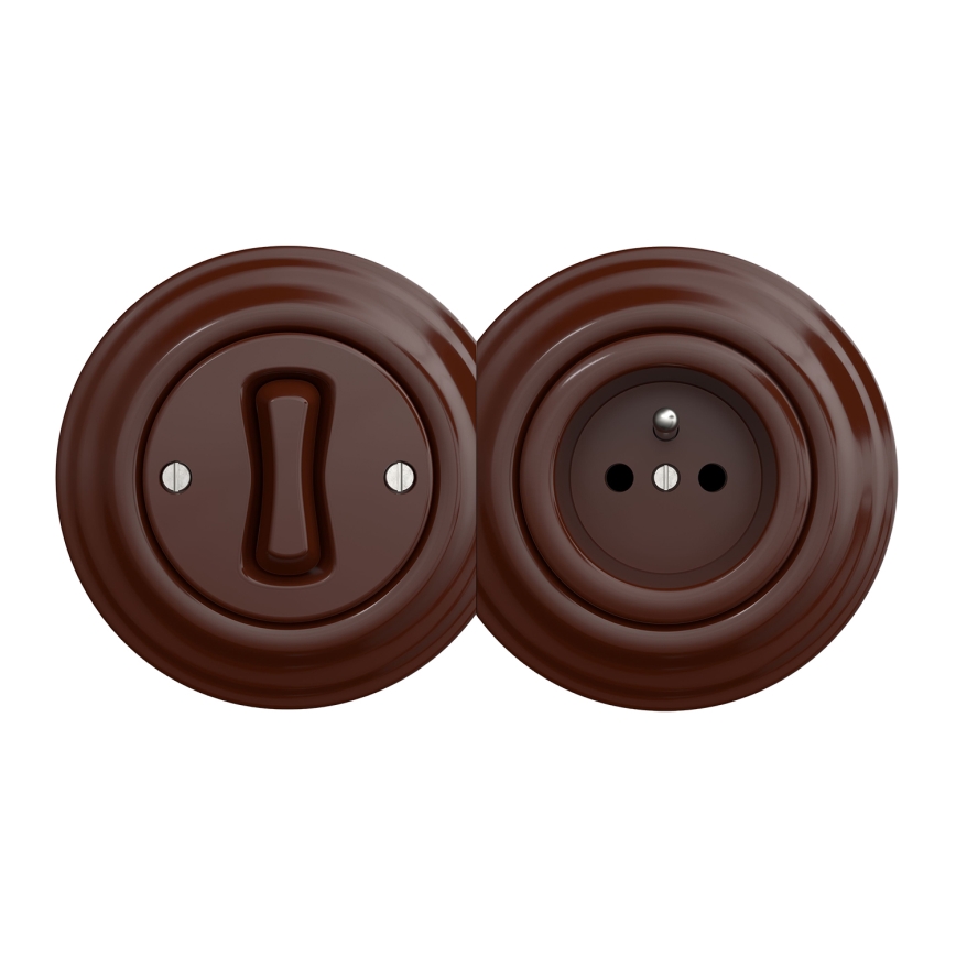 Kliklap - Retro eenpolige schakelaar nr. 1 en 230V stopcontact met afdekraam, bruin
