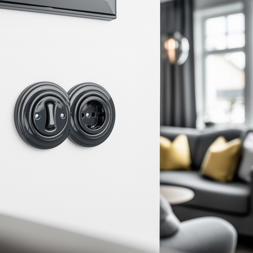 Kliklap - Retro eenpolige schakelaar nr. 1 en SCHUKO 230V-stopcontact met antraciet afdekraam